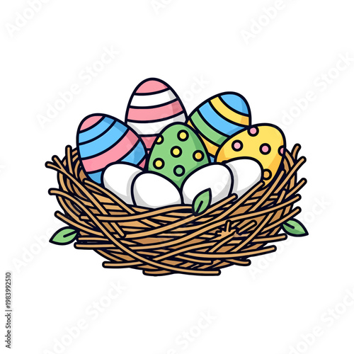 A nest filled with colorful decorated eggs and plain white eggs