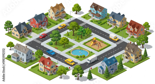 Isometric Neighborhood Houses Streets Cars and Playground.
