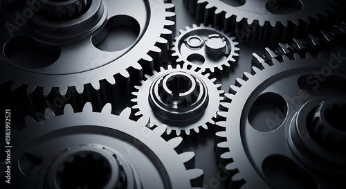 A close-up of several interlocking metal gears