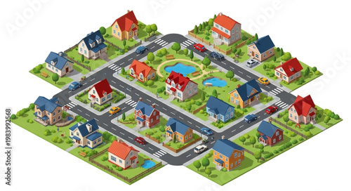 Isometric Neighborhood Houses Streets Park and Pond.