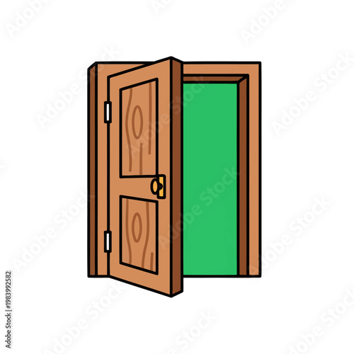 An open wooden door reveals a bright green interior space