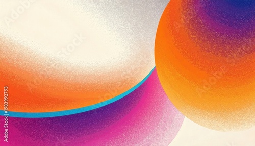 鮮やかなオレンジ、紫、ピンクの色彩が重なり合う、ノイズ感のあるモダンな抽象グラデーション背景。円形と曲線のデザインが調和し、クリエイティブなプロジェクトやウェブサイトのヘッダー、ポスターに最適な、スタイリッシュで芸術的なテクスチャ素材です。