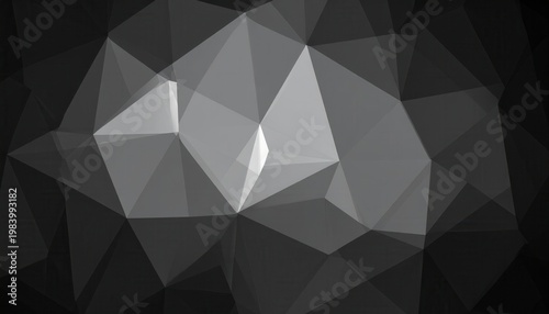 モノトーンの三角形が重なり合うローポリゴンの抽象的な背景画像。光と影のコントラストが際立つ幾何学的なデザインは、ウェブサイトのヘッダーや広告のバックグラウンドとして、洗練されたプロフェッショナルな印象を与えます。