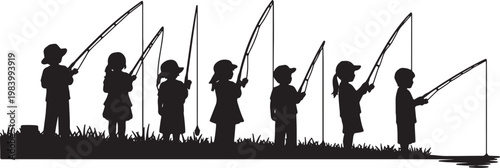 Children Fishing with Rods and Reels