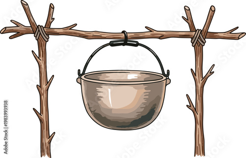 Rustic outdoor cooking pot hanging on wooden tripod frame, primitive campfire equipment illustration with vintage survival and camping theme