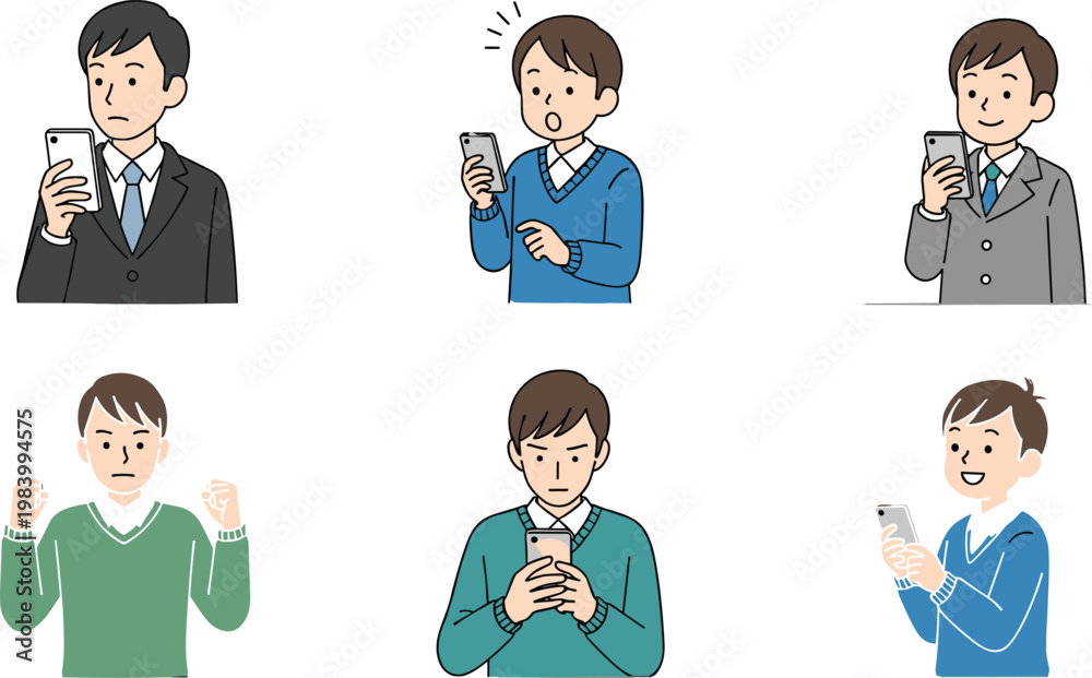 Fototapeta premium Man Using Smartphone Collection with Different Reactions Happy Surprised Focused and Excited Emotions Modern Lifestyle Vector Illustration Set
