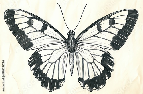 detailed black and white ink drawing of a butterfly with outstretched symmetrical wings, fine vein patterns and antennae on textured vintage paper, evoking delicate serene elegance