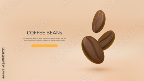 Banner with flying coffee beans in 3D realistic style. Vector concept for espresso branding, cafe menus, cappuccino labels, and aromatic beverage graphics.