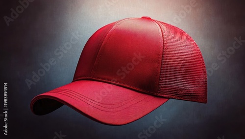 red trucker cap with mesh back and curved brim floating against a moody studio background, bold and energetic accessory