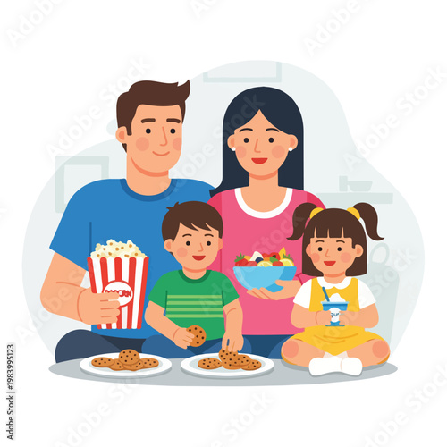 Family eating snacks together happily.
