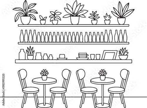 A black and white drawing of tables and shelves with plants