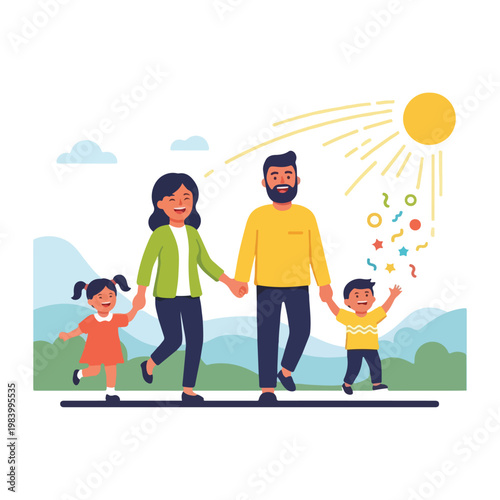 Happy family walking together outside smiling.