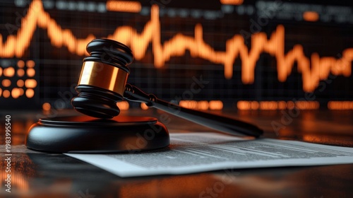 wooden gavel on legal documents with glowing orange stock market chart in background conveying judgment, financial regulation and market tension