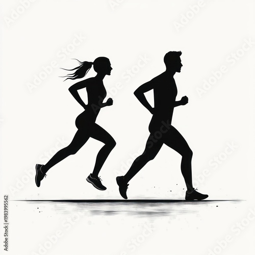 silhouettes of a man and woman running side by side on a white background, energetic stride and determined motion