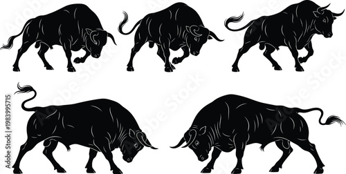 Bull silhouettes set in aggressive poses, powerful charging ox and cattle vector collection isolated for strength symbol, agriculture and sports mascot design