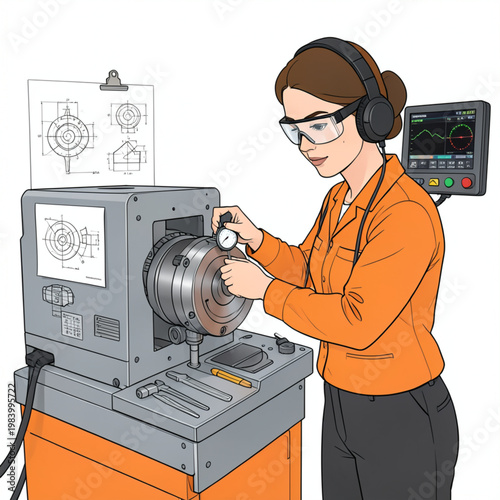 Woman Machinist Operating CNC Lathe with Precision Measurement Tools Vector Illustration