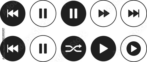 Black and white media player control icons in oval frames silhouette style