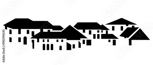 Black silhouette panoramic village townscape with row of traditional houses and sloped rooftops, minimal flat urban skyline strip illustration isolated on background