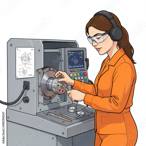 Female CNC Machine Operator Setting Up Precision Part on Lathe Vector Illustration