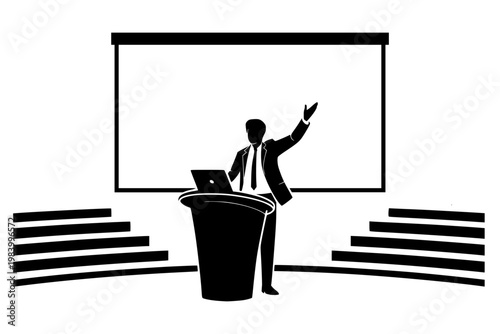 Businessman speaker at podium with laptop gesturing toward blank projection screen in auditorium with stairs, bold black silhouette illustration isolated on background
