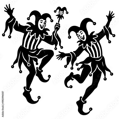 Two dancing medieval court jesters with jester hats, bells and scepter, playful clown performers in striped costume, bold black silhouette illustration isolated on background