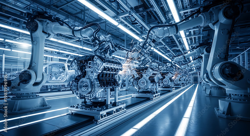 Fototapeta premium A blue-tinted image of a futuristic factory or warehouse with bright lights