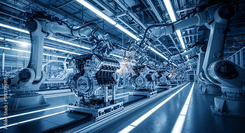 A blue-tinted image of a futuristic factory or warehouse with bright lights