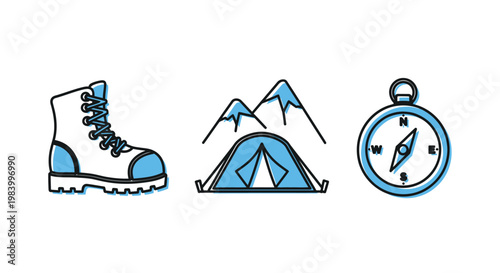 Camping Gear Icons Featuring Hiking Boot Tent and Compass for Outdoor Adventure and Wilderness Travel