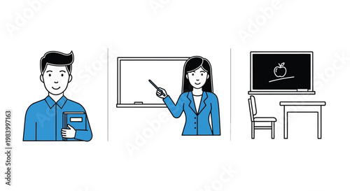 Teacher and Student in Classroom with Whiteboard for Education Learning and School Instruction Concepts