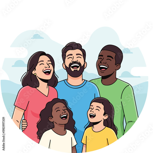 Happy family with two children laughing.