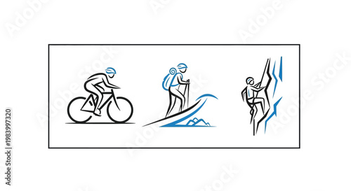 Triathlete Sports Icons Set featuring Cycling Surfing and Rock Climbing for Fitness and Extreme Adventure Concepts