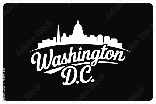 Washington DC skyline, silhouette, clean vector illustration of United States capital buildings and monuments in modern minimalist city skyline design style.