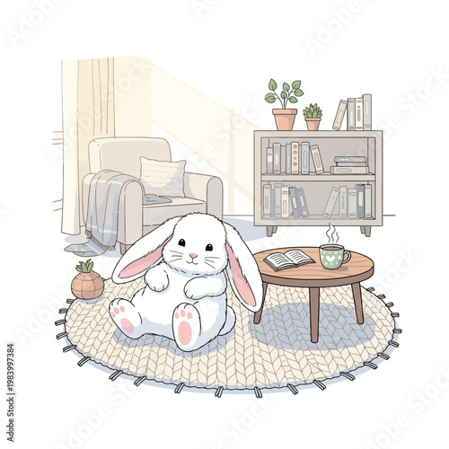 Cute White Rabbit Sitting Down.