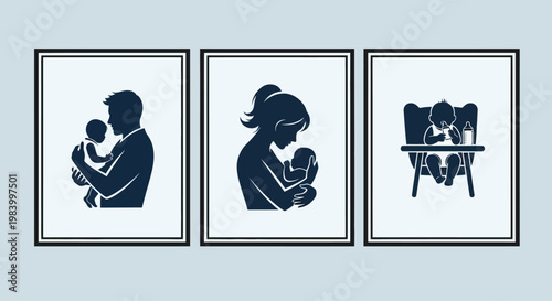 Family Silhouette Icon with Parents Feeding Baby and Toddler in High Chair for Parenting and Childcare Concepts