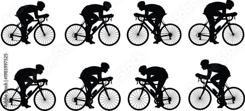 Cyclist silhouettes set in racing positions, road bike riders collection in dynamic motion vector illustration isolated for sports, fitness and competition design