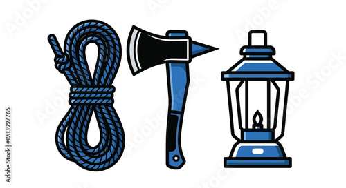 Wilderness Survival Tools Set Featuring Blue Rope Coil Axe and Lantern Icons Isolated on White