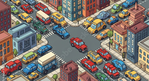 Busy City Intersection With Many Cars Stuck In Traffic.