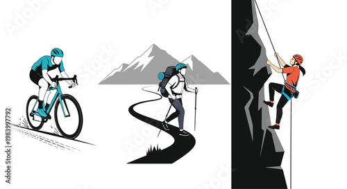 Outdoor Adventure Sports and Fitness Activities Set with Hiking Cycling and Rock Climbing