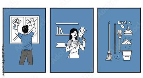 Housekeeping Services Concept with Diverse People Using Cleaning Tools and Supplies on Blue Background