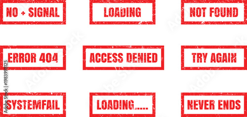 Set of red grunge rubber stamps with bold loading and access denied text for website status indicators