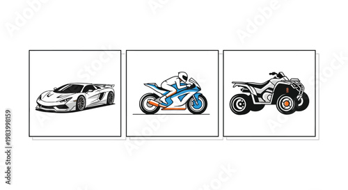 Transportation Icons Set Featuring Sports Car Motorcycle and ATV Quad Bike Vector Graphics