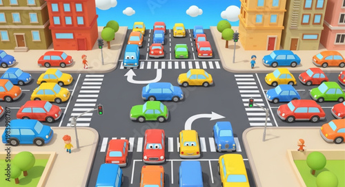 Busy City Street with Many Colorful Cars and Buildings.