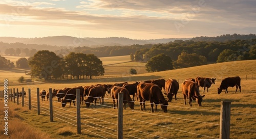 Herd of brown cows grazing in a fenced pasture at sunset with rolling hills and trees in the background