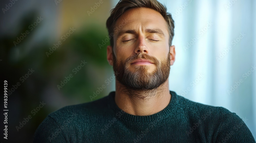 Fototapeta premium person with blurred face wearing teal knit sweater and light stubble, upper body portrait in soft indoor light with blurred plant and curtain background, calm contemplative mood