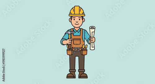 Cartoon man in workwear holding wrench.