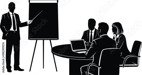 Silhouette of Business Professional Giving a Presentation to Colleagues in a Meeting Room with Flipchart and Laptop Isolated on White Background for Corporate Training Concepts
