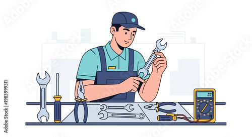 Mechanic Holding Large Adjustable Wrench Tool.