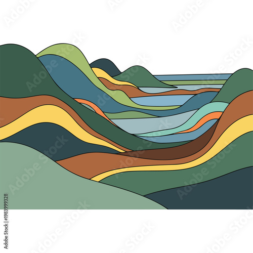 Colorful abstract wavy layered landscape design.
