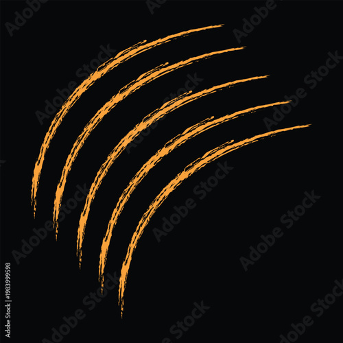 Abstract orange glowing arc lines with brush stroke texture on black background for high energy digital designs