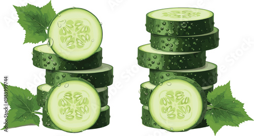 Fresh cucumber slices stacks with leaves vector illustration in vintage engraving style, healthy food ingredient elements isolated for cooking, nutrition and organic design